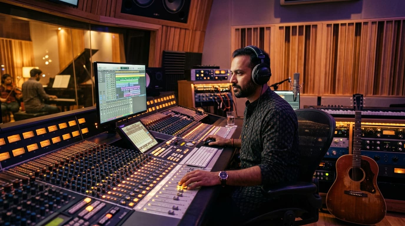 Music composer in recording studio mixing personalized song